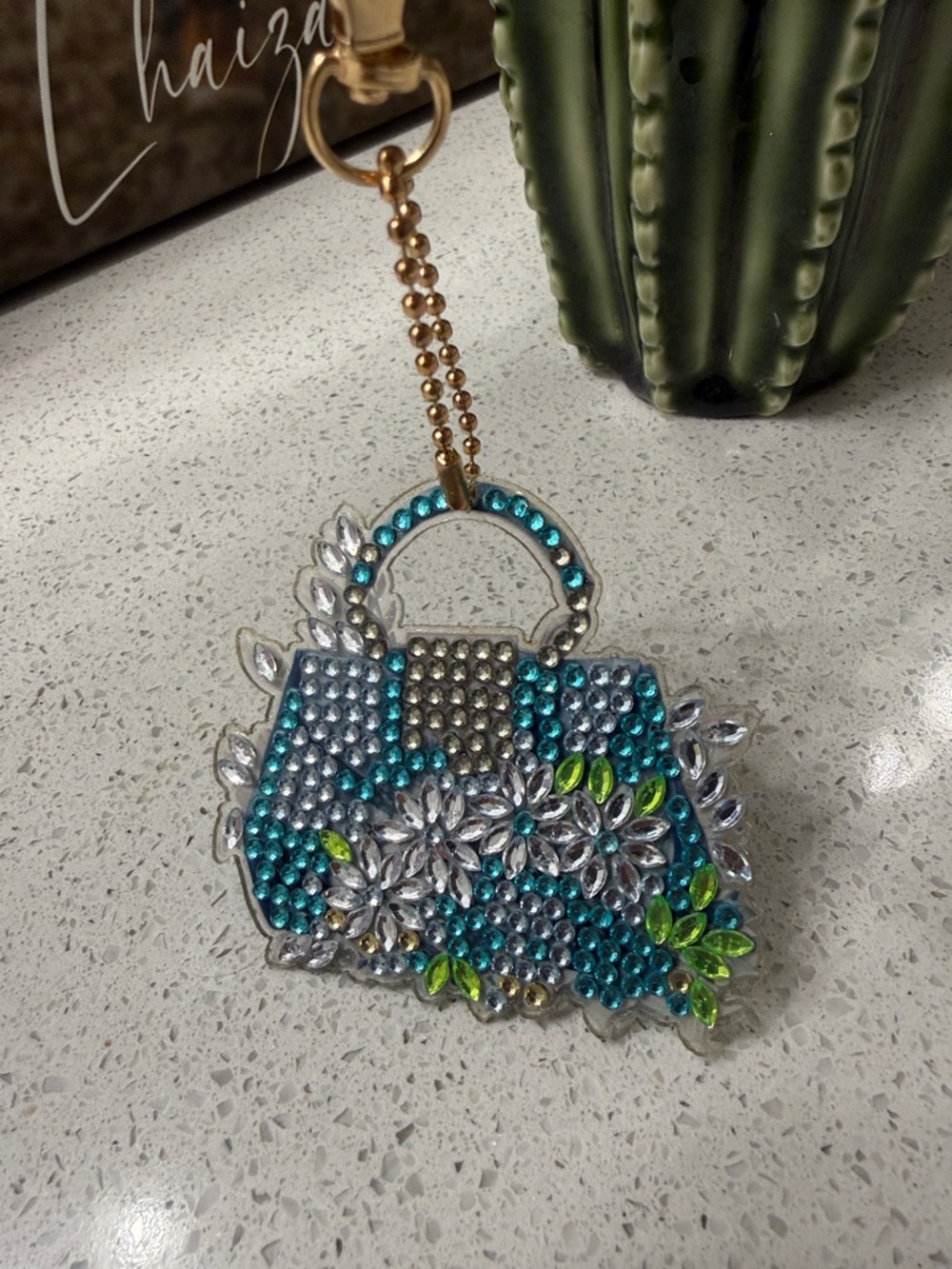Teal Crystal Floral Purse Keychain Charm